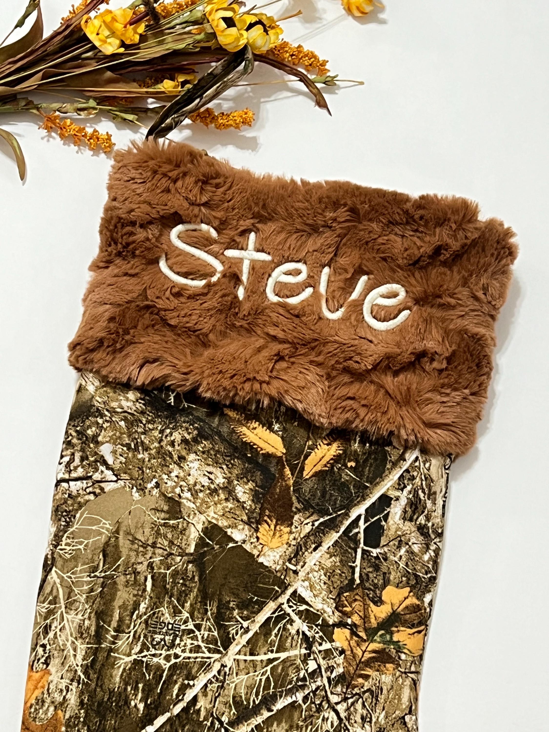 Personalized Christmas stocking for hunting fans in hunter camouflage with minky dot cuff of color choice  18” fully lined pink camo option