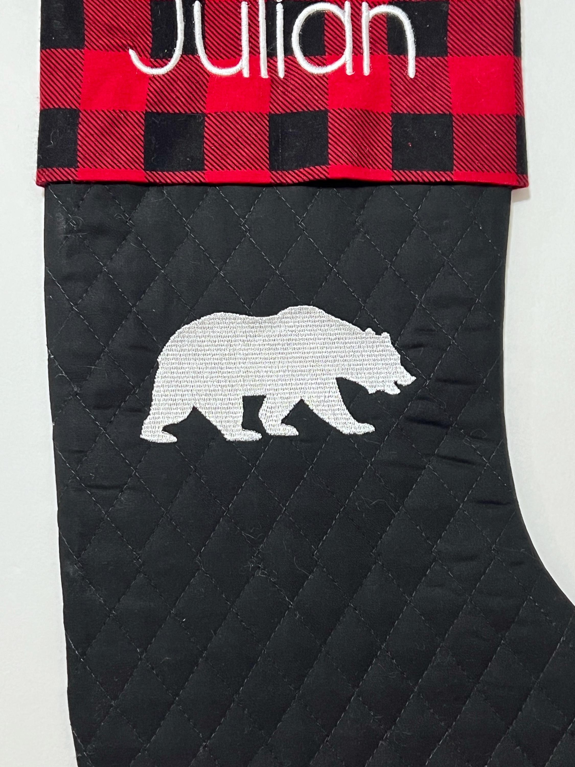 Embroidered Bear personalized Christmas stocking made from quilted fabric, add name on buffalo plaid cuff and fully lined, 18”, color choice