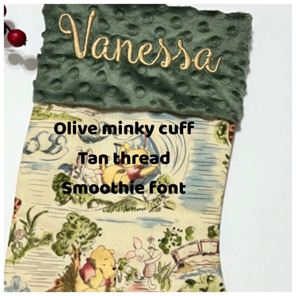 Personalized Christmas stocking for baby child or adult made from Winnie the Pooh fabric and fully  lined, Cotton and Minky or fur cuff 18”