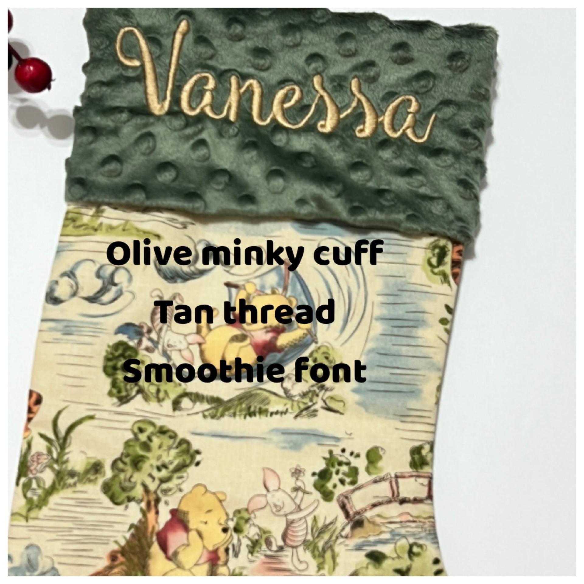 Personalized Christmas stocking for baby child or adult made from Winnie the Pooh fabric and fully  lined, Cotton and Minky or fur cuff 18”