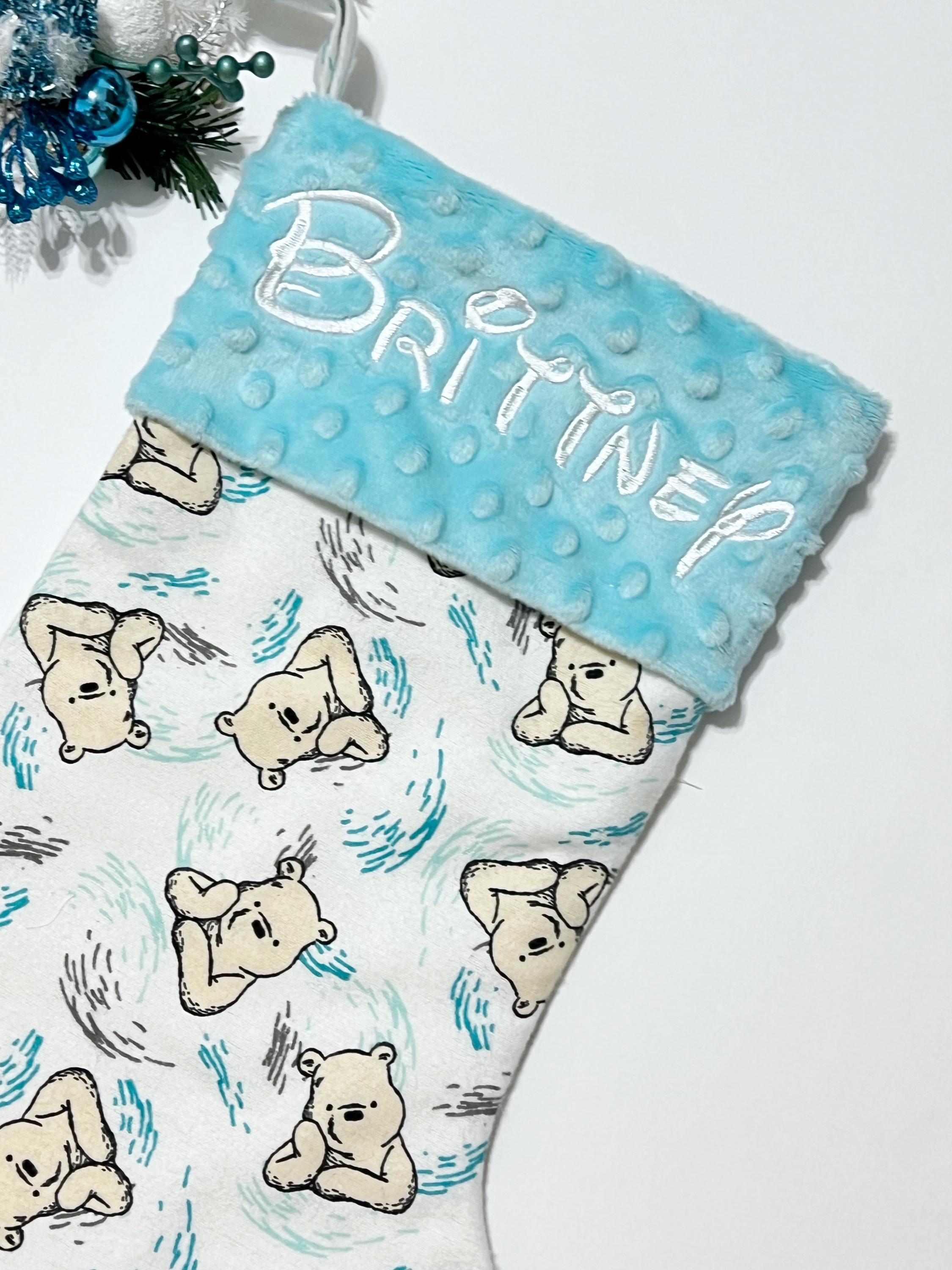 Personalized Christmas stocking for baby child or adult made from classic Winnie the Pooh flannel fully lined stocking with minky cuff 18”