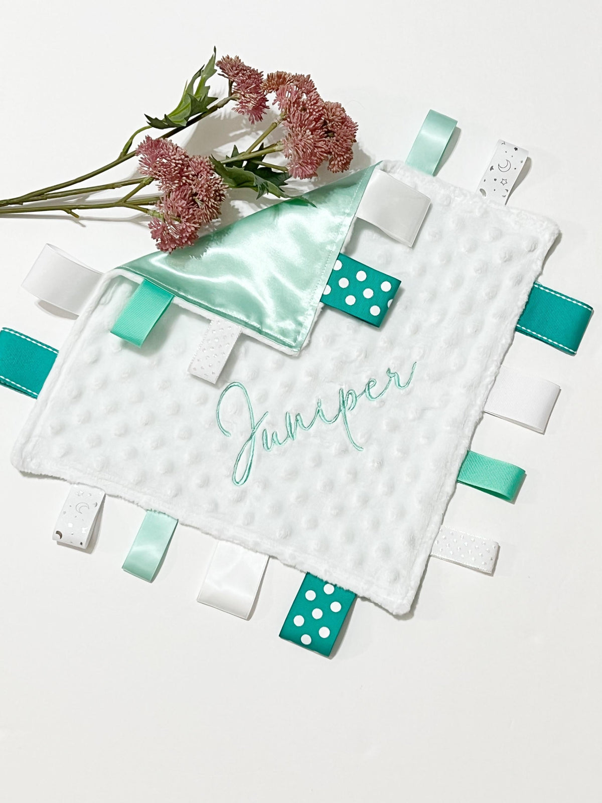 Pastel mint green satin and minky sensory lovey with ribbon tags and personalize option, gift for boy or girl 12" size with color choices