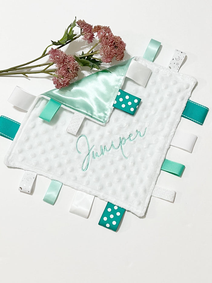 Pastel mint green satin and minky sensory lovey with ribbon tags and personalize option, gift for boy or girl 12" size with color choices