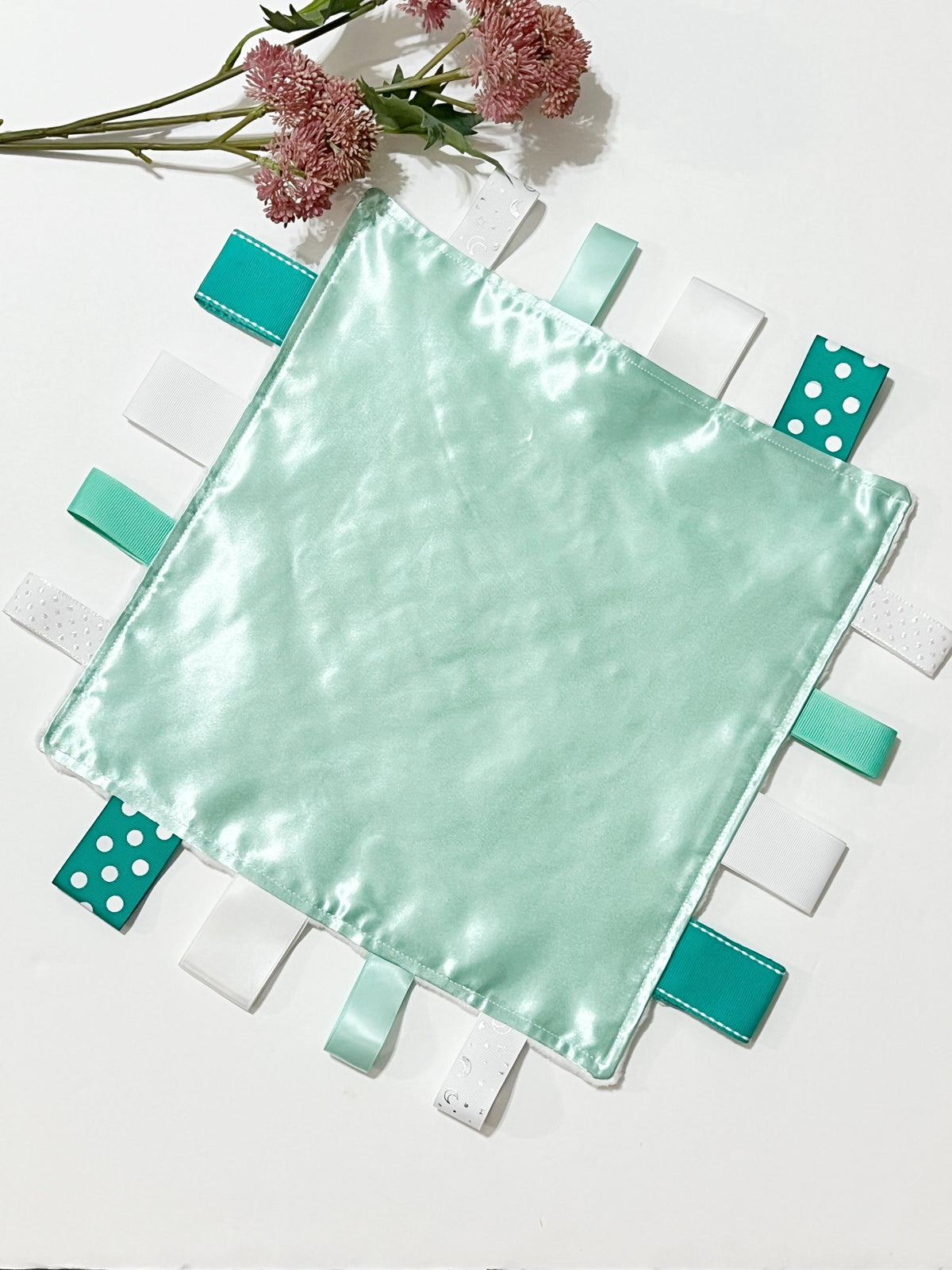 Pastel mint green satin and minky sensory lovey with ribbon tags and personalize option, gift for boy or girl 12" size with color choices