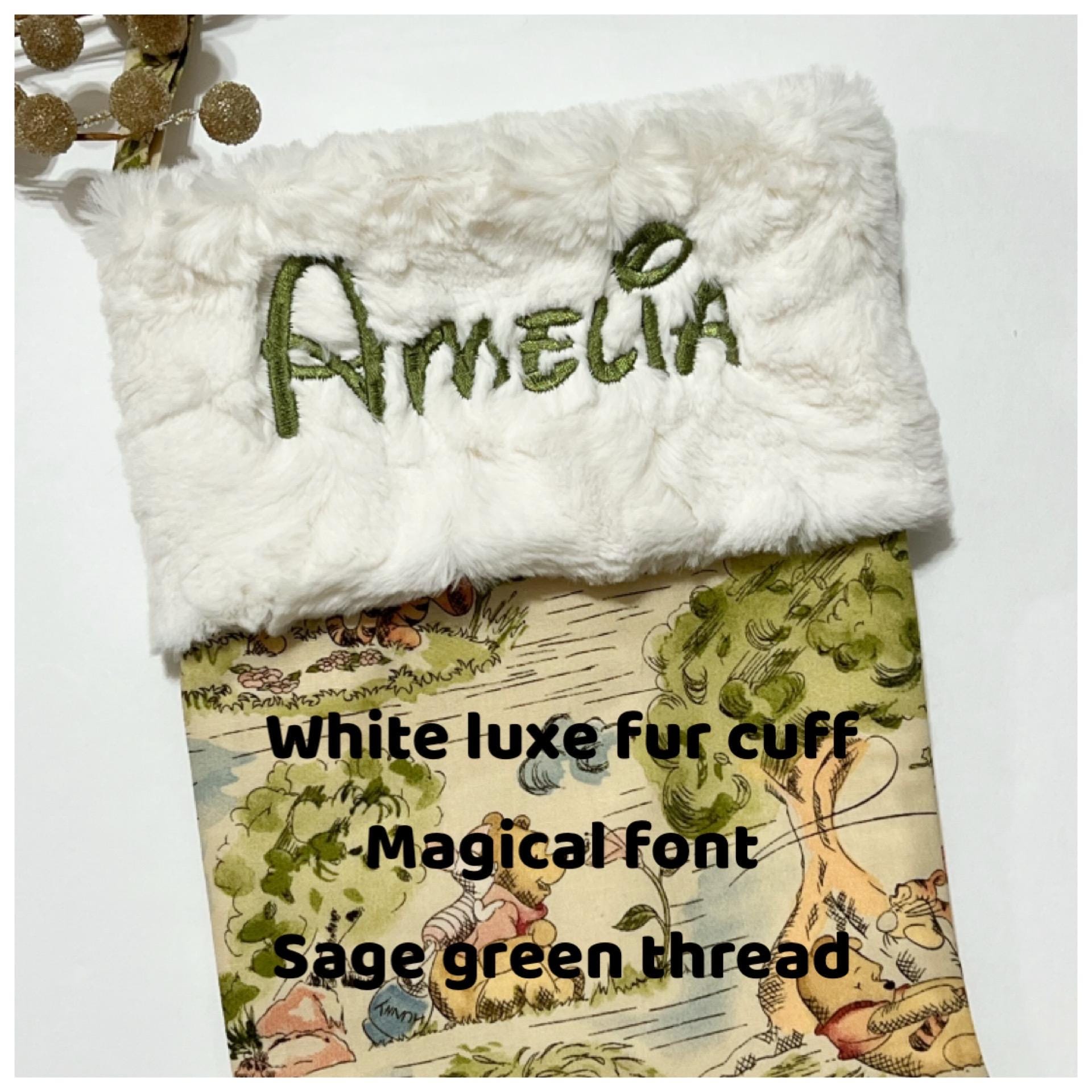 Personalized option Christmas stocking made from Winnie the Pooh fabric cotton and fully lined, minky or fur cuff colors, 18” x 8” size