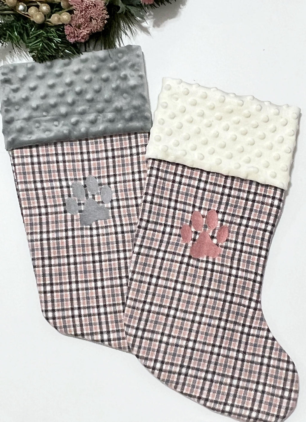 Pet Christmas stocking personalized in blush pink plaid for cat or dog with minky or fur cuff, fully lined, embroidered paw, flannel, 18”