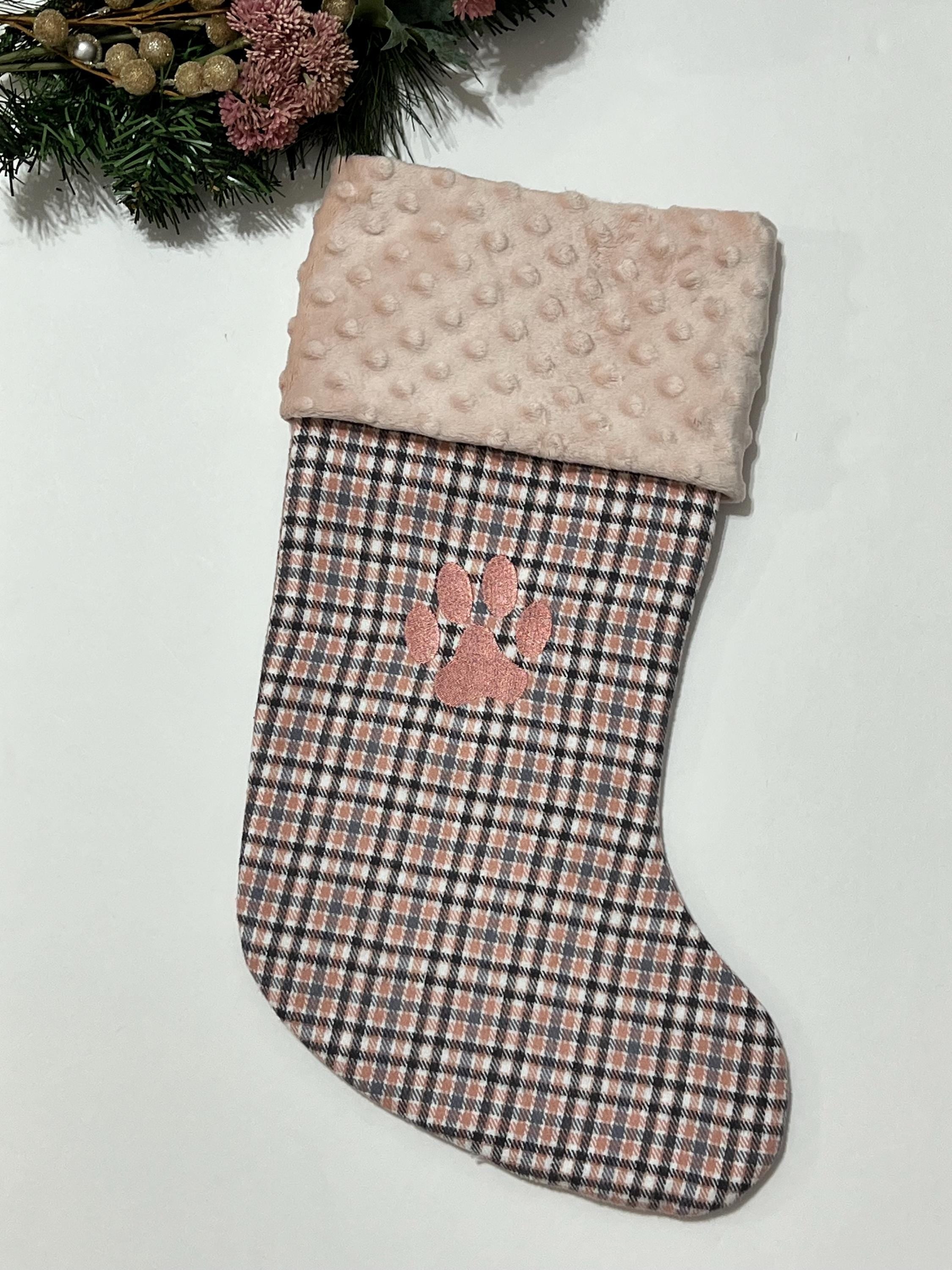 Pet Christmas stocking personalized in blush pink plaid for cat or dog with minky or fur cuff, fully lined, embroidered paw, flannel, 18”