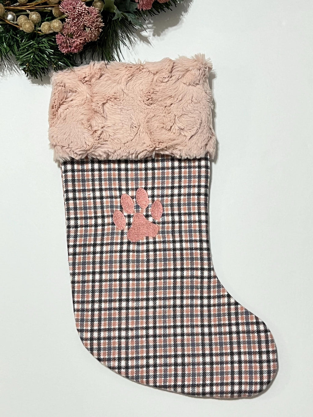 Pet Christmas stocking personalized in blush pink plaid for cat or dog with minky or fur cuff, fully lined, embroidered paw, flannel, 18”