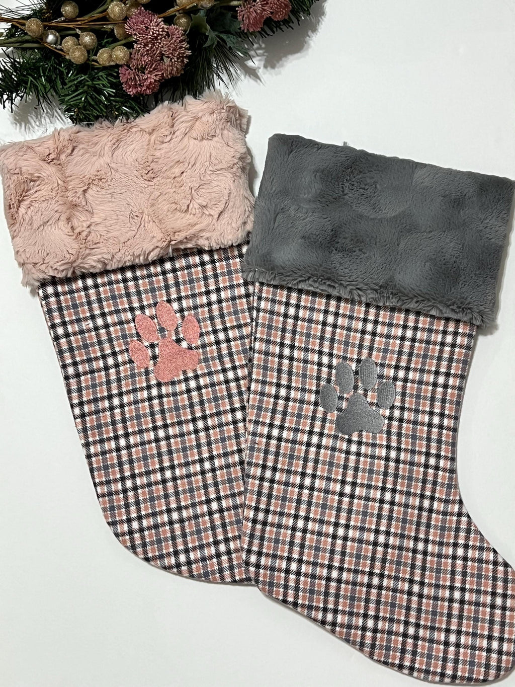 Pet Christmas stocking personalized in blush pink plaid for cat or dog with minky or fur cuff, fully lined, embroidered paw, flannel, 18”