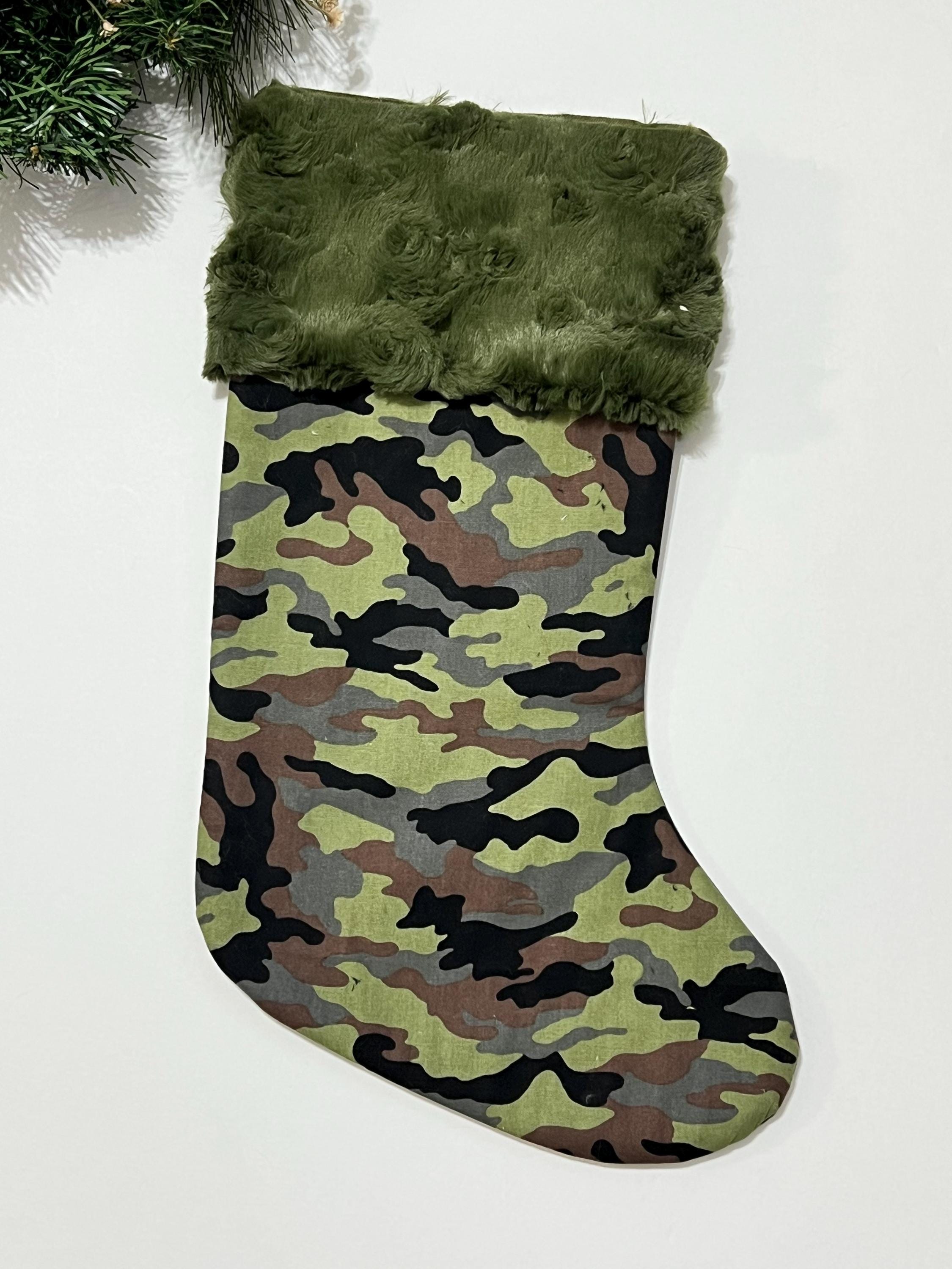 Personalized Christmas stocking in military olive green camouflage with minky dot cuff of color choice  18” fully lined