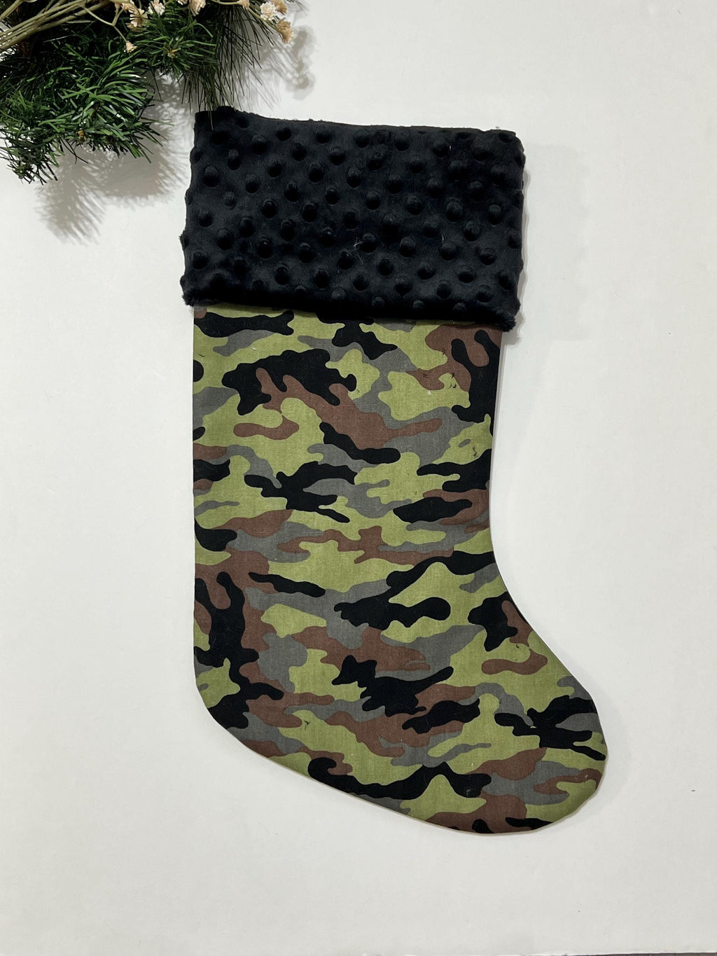 Personalized Christmas stocking in military olive green camouflage with minky dot cuff of color choice  18” fully lined