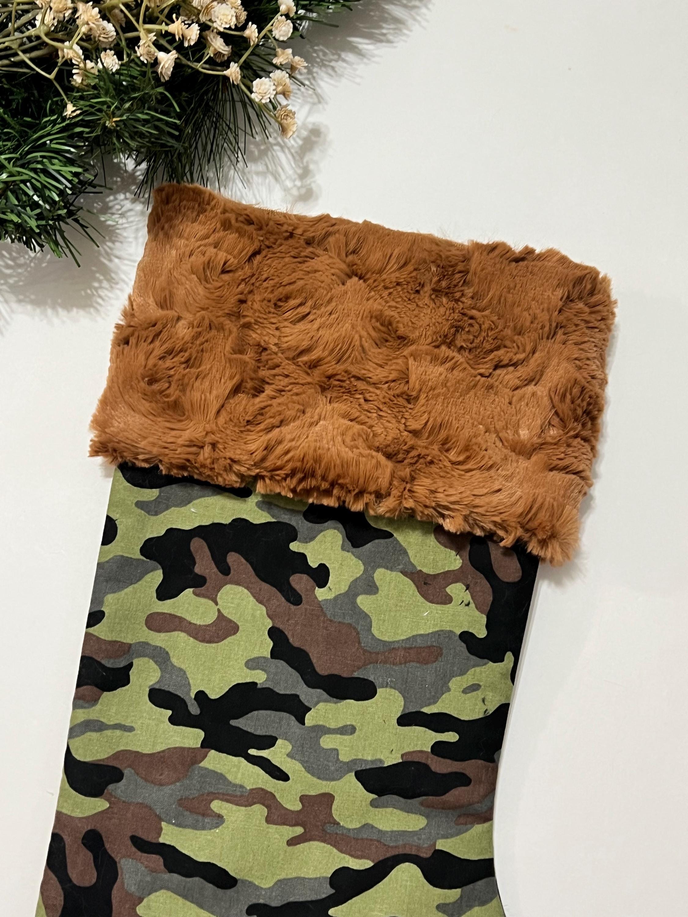 Personalized Christmas stocking in military olive green camouflage with minky dot cuff of color choice  18” fully lined