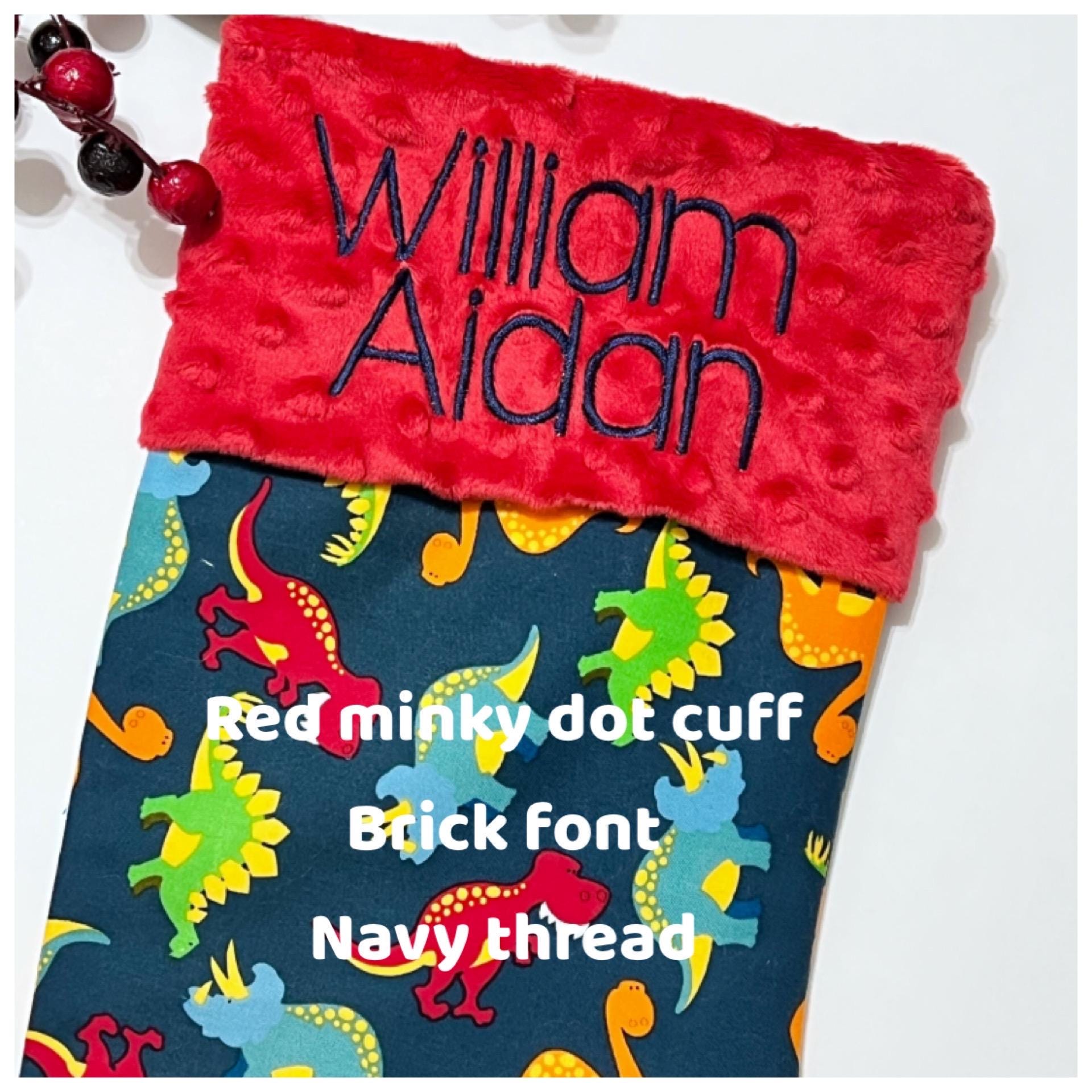Personalized Christmas stocking in dinosaur cotton fabric, fully lined with minky dot cuff, 18” length, unique child stocking