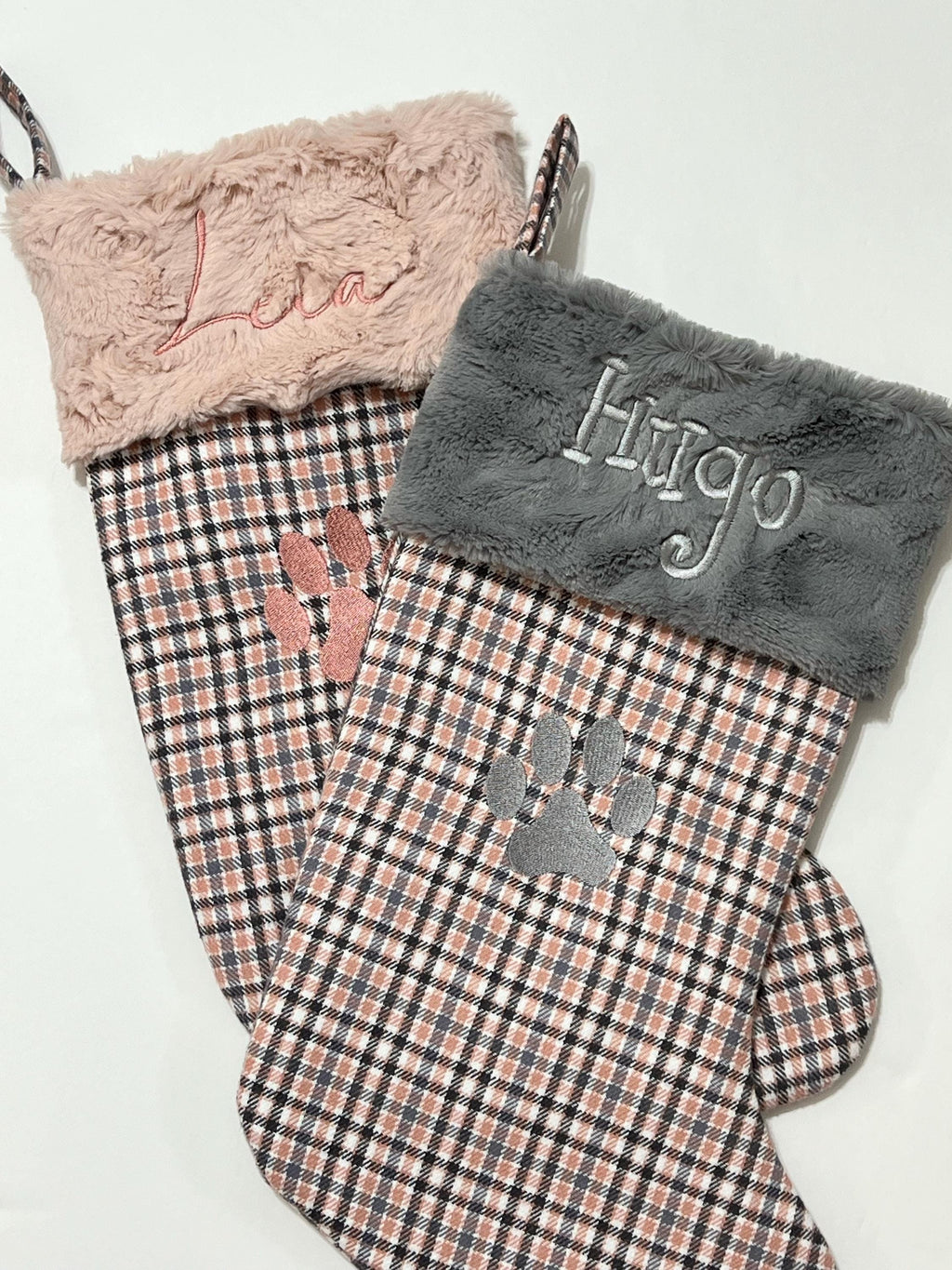 Pet Christmas stocking personalized in blush pink plaid for cat or dog with minky or fur cuff, fully lined, embroidered paw, flannel, 18”
