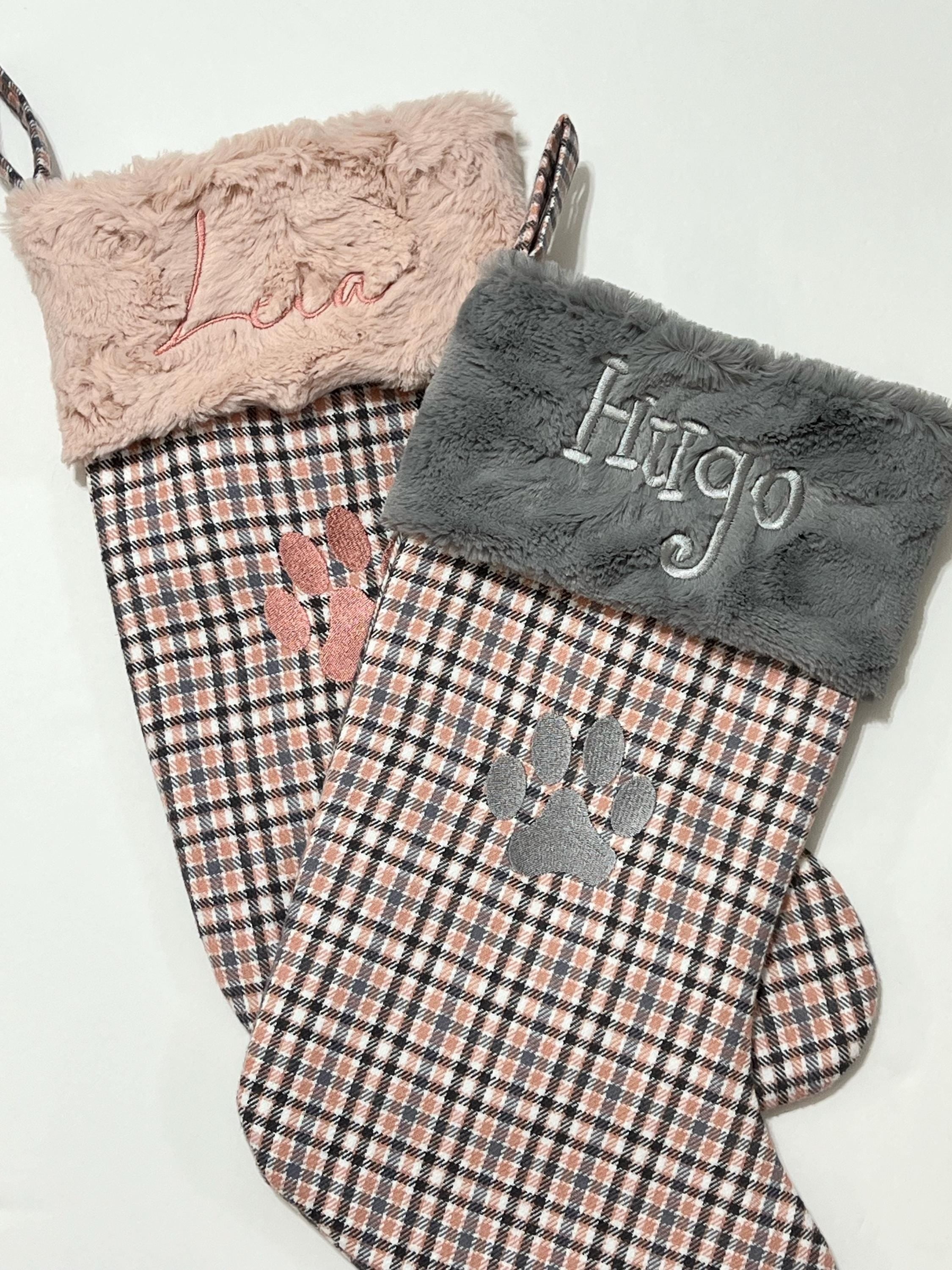Pet Christmas stocking personalized in blush pink plaid for cat or dog with minky or fur cuff, fully lined, embroidered paw, flannel, 18”