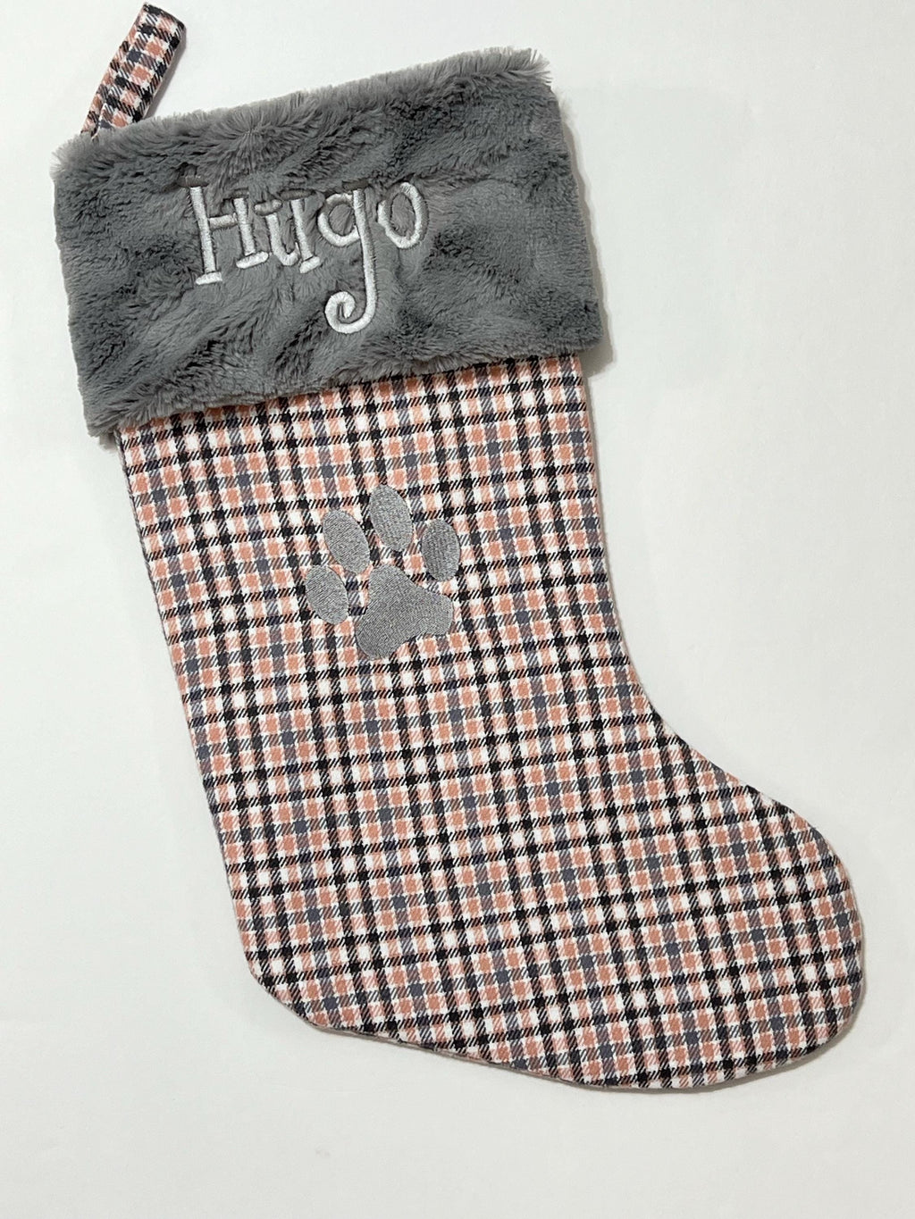 Pet Christmas stocking personalized in blush pink plaid for cat or dog with minky or fur cuff, fully lined, embroidered paw, flannel, 18”