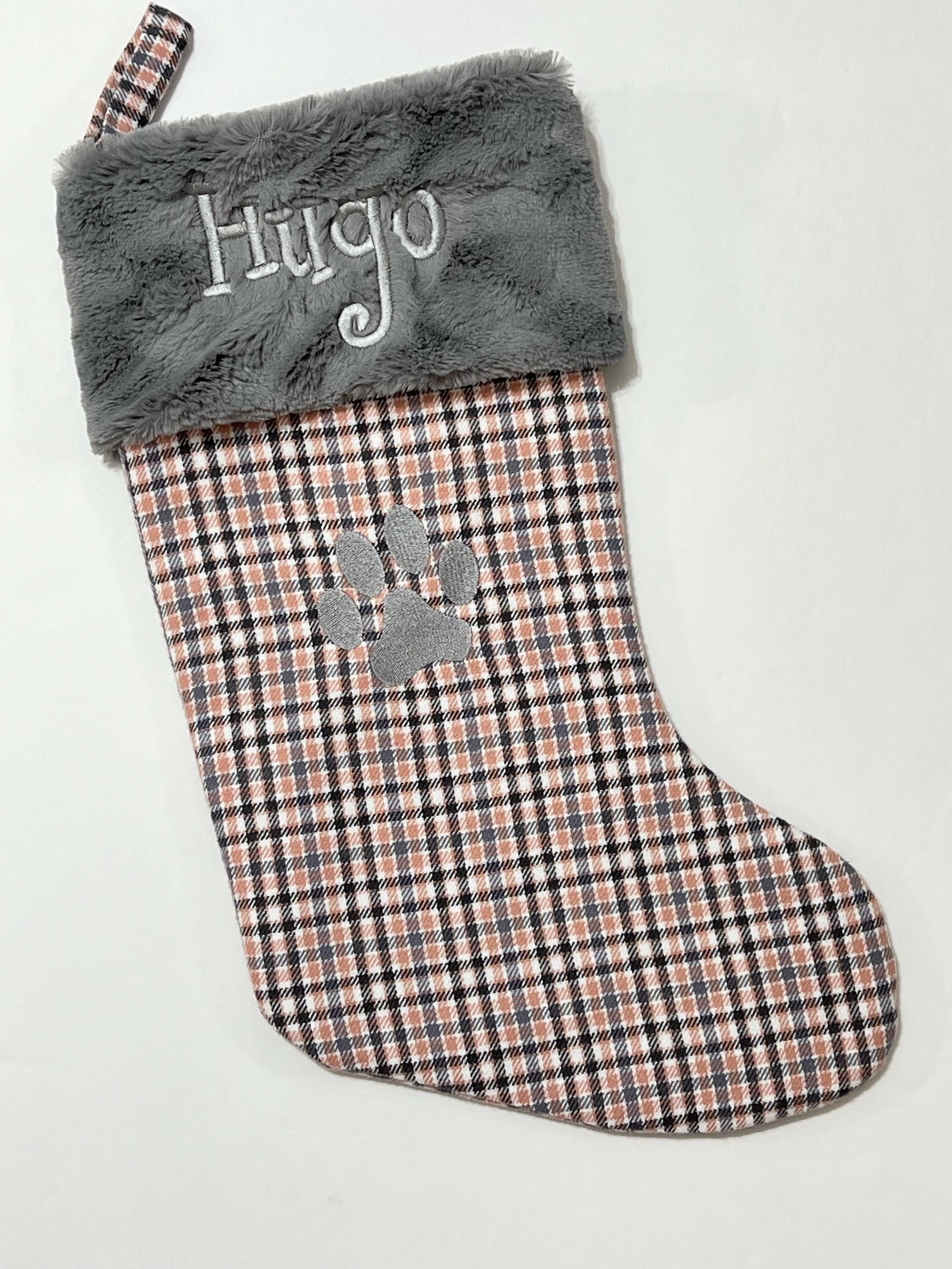 Pet Christmas stocking personalized in blush pink plaid for cat or dog with minky or fur cuff, fully lined, embroidered paw, flannel, 18”