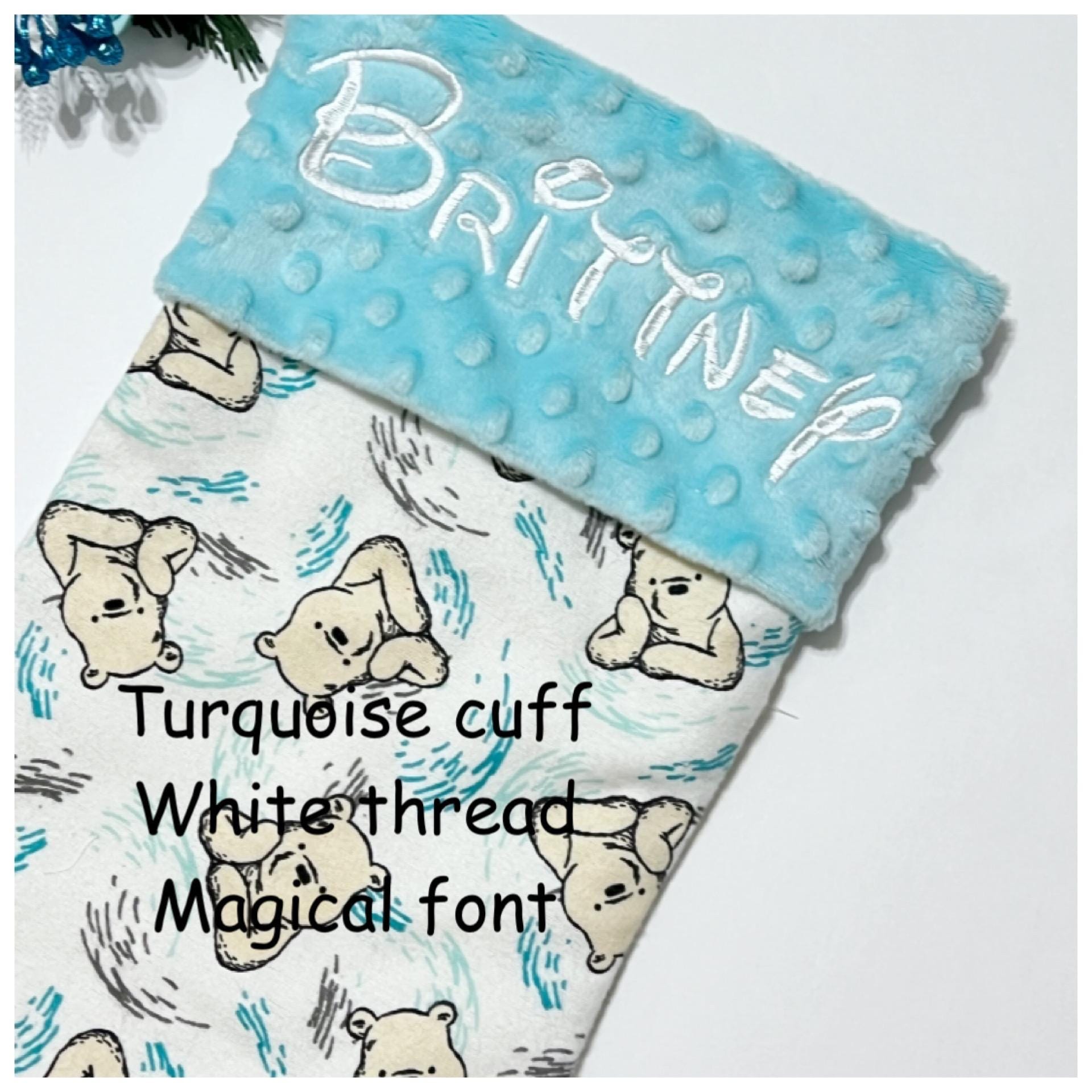 Personalized Christmas stocking for baby child or adult made from classic Winnie the Pooh flannel fully lined stocking with minky cuff 18”