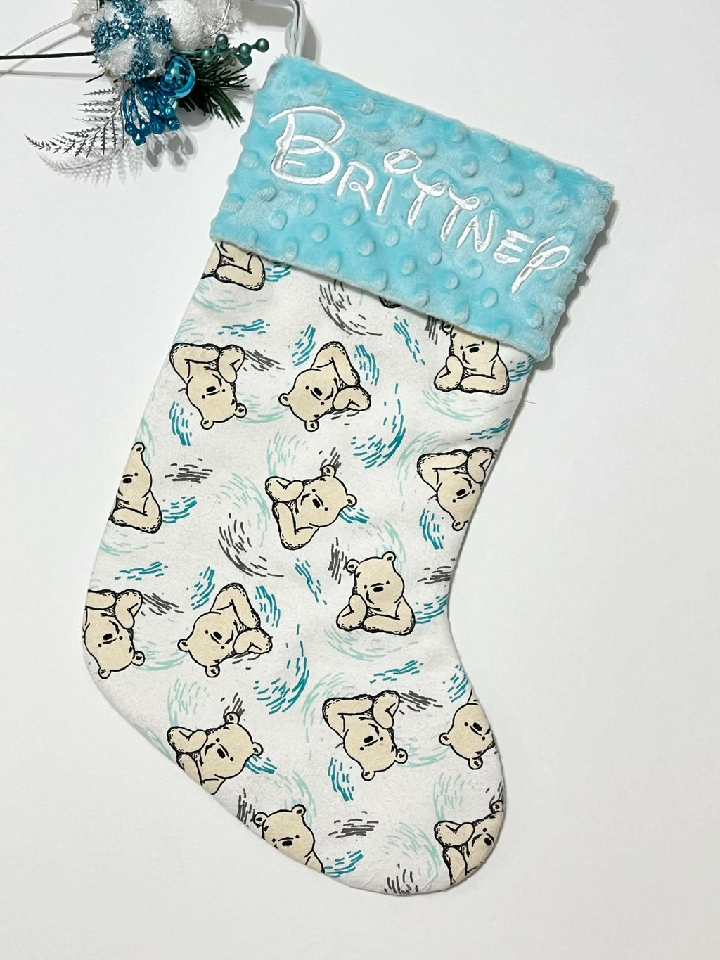 Personalized Christmas stocking for baby child or adult made from classic Winnie the Pooh flannel fully lined stocking with minky cuff 18”