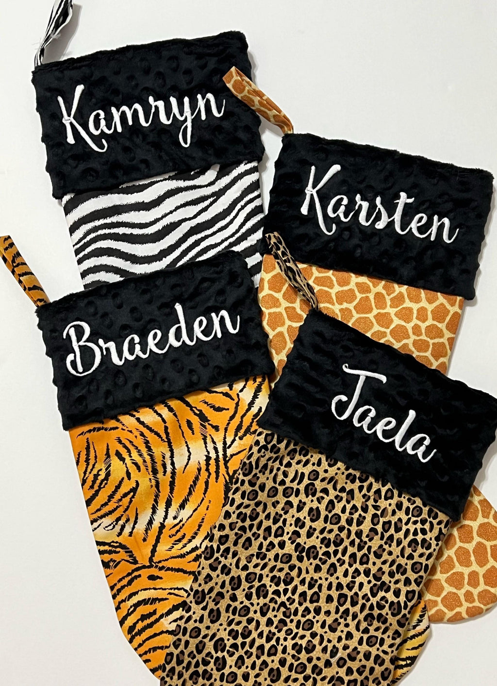 Personalized Animal print Christmas stocking, leopard cheetah, zebra, minky cuff, fully lined 17”, choose print, exotic animal print
