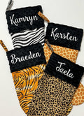 Personalized Animal print Christmas stocking, leopard cheetah, zebra, minky cuff, fully lined 17”, choose print, exotic animal print