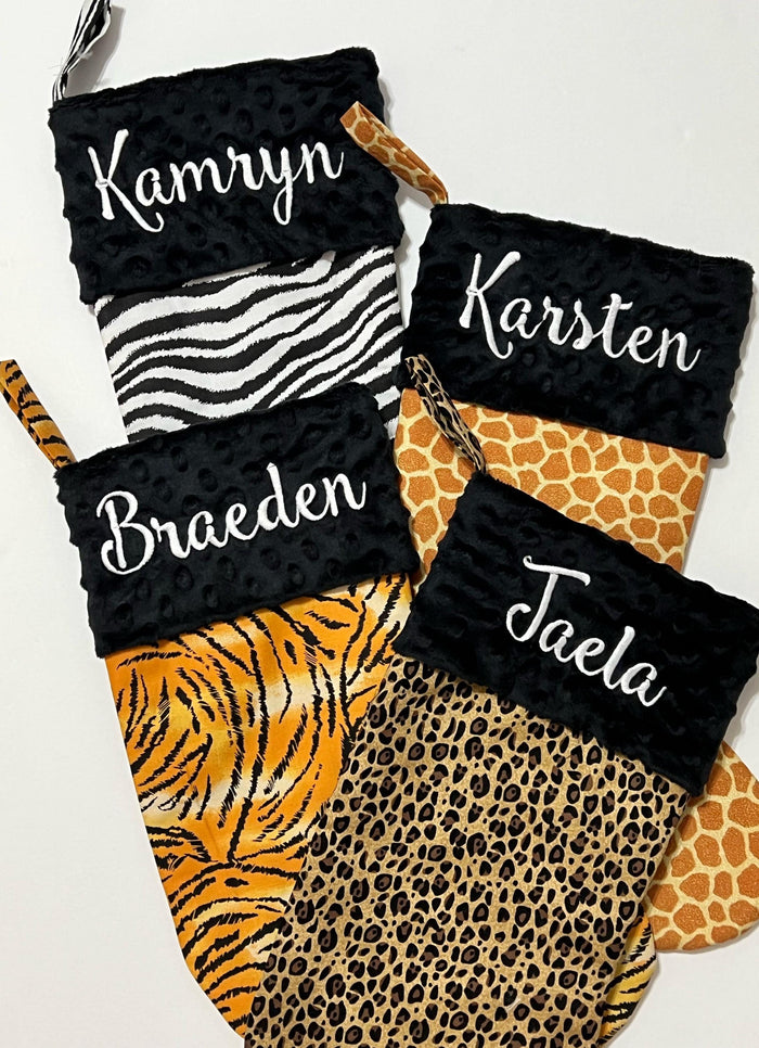 Personalized Animal print Christmas stocking, leopard cheetah, zebra, minky cuff, fully lined 17”, choose print, exotic animal print