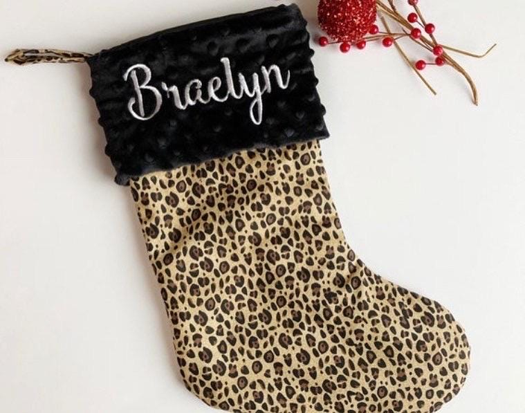 Personalized Animal print Christmas stocking, leopard cheetah, zebra, minky cuff, fully lined 17”, choose print, exotic animal print