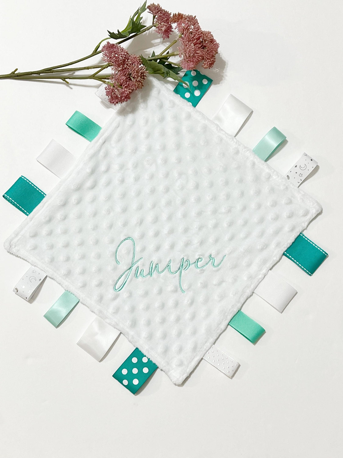 Pastel mint green satin and minky sensory lovey with ribbon tags and personalize option, gift for boy or girl 12" size with color choices