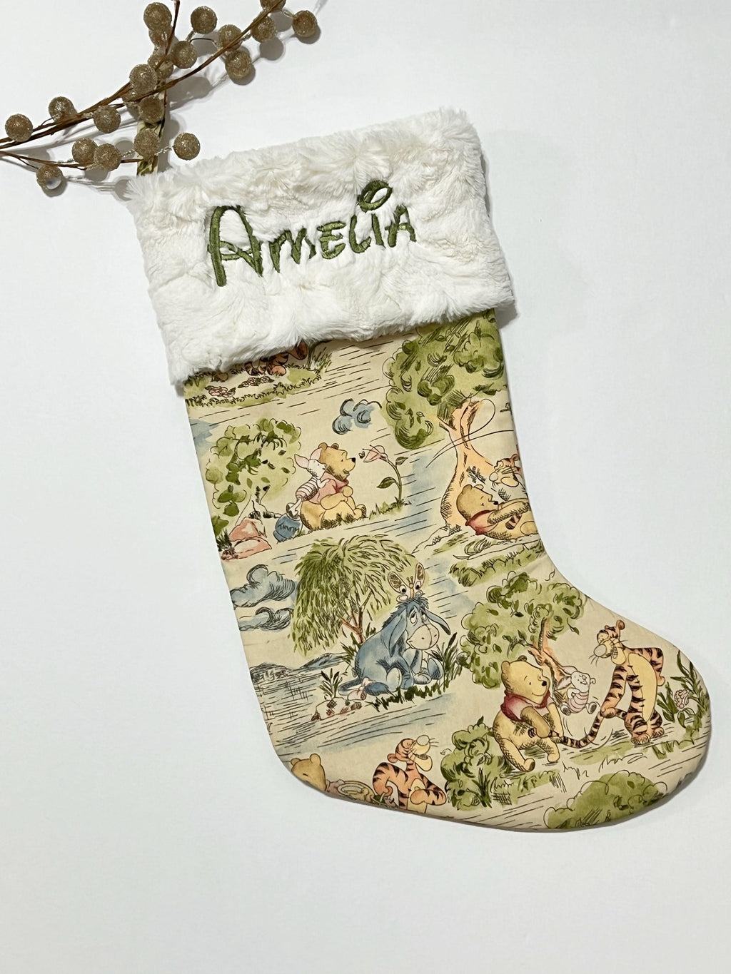 Personalized option Christmas stocking made from Winnie the Pooh fabric cotton and fully lined, minky or fur cuff colors, 18” x 8” size