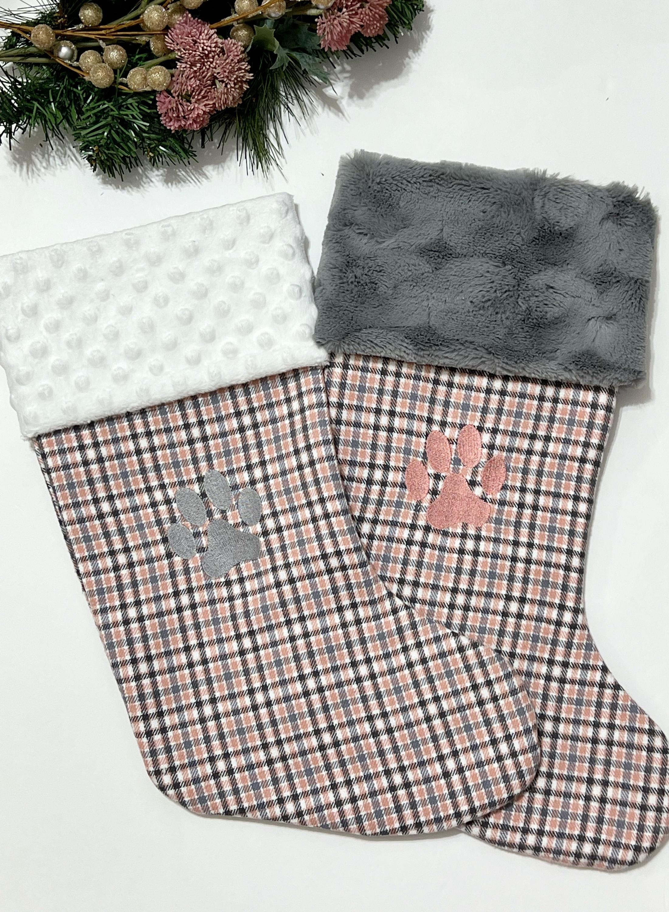 Pet Christmas stocking personalized in blush pink plaid for cat or dog with minky or fur cuff, fully lined, embroidered paw, flannel, 18”