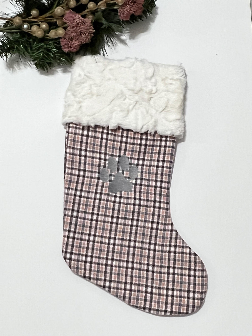 Pet Christmas stocking personalized in blush pink plaid for cat or dog with minky or fur cuff, fully lined, embroidered paw, flannel, 18”