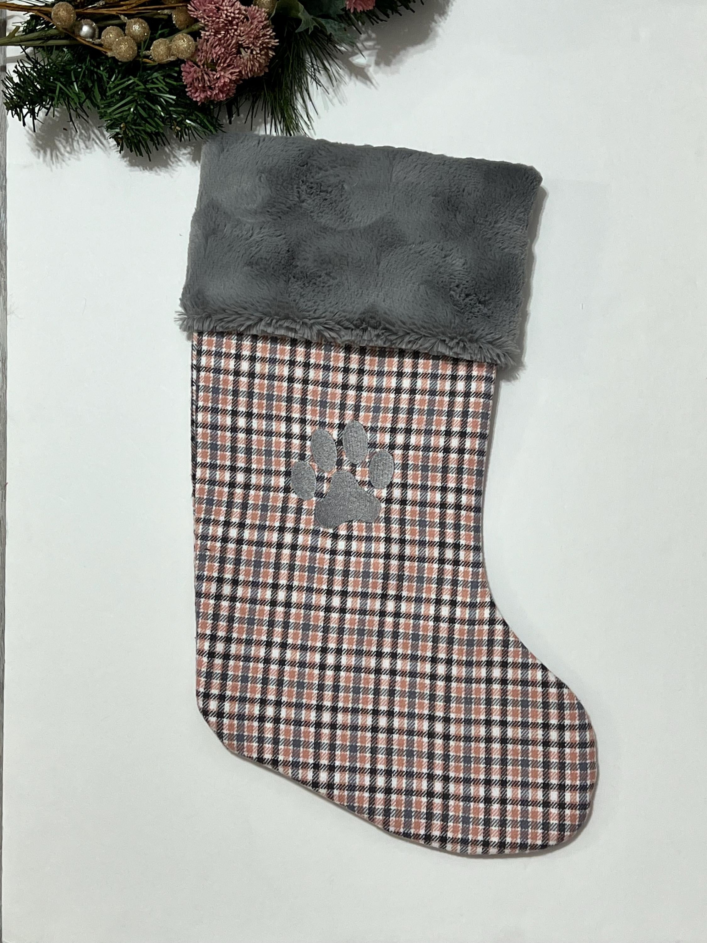 Pet Christmas stocking personalized in blush pink plaid for cat or dog with minky or fur cuff, fully lined, embroidered paw, flannel, 18”