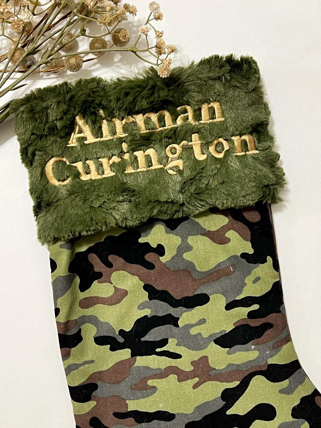 Personalized Christmas stocking in military olive green camouflage with minky dot cuff of color choice  18” fully lined