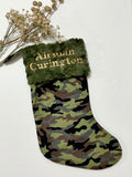 Personalized Christmas stocking in military olive green camouflage with minky dot cuff of color choice  18” fully lined