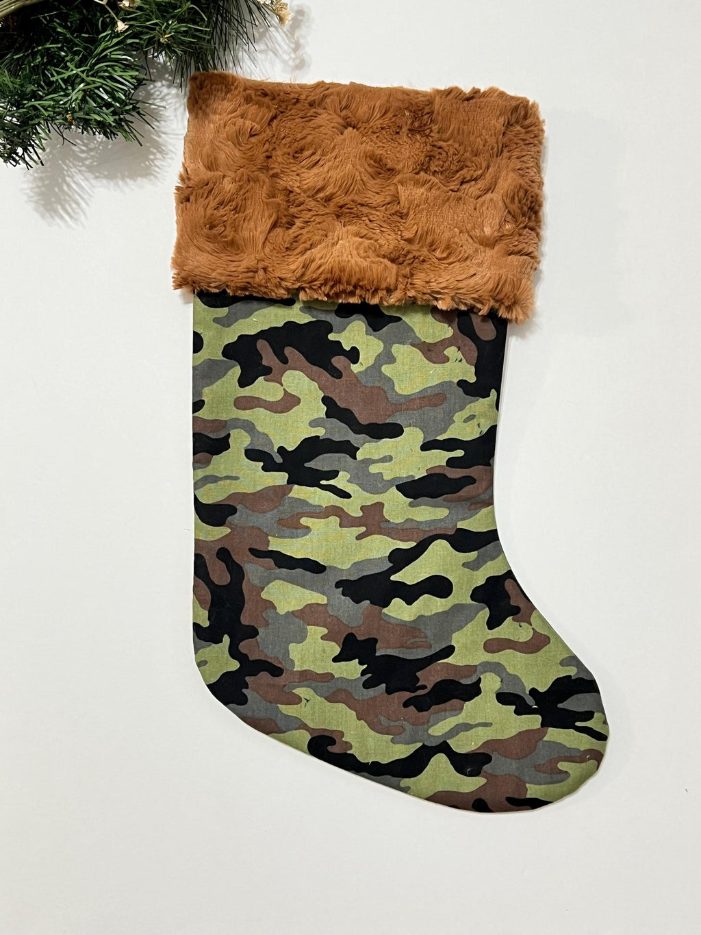 Personalized Christmas stocking in military olive green camouflage with minky dot cuff of color choice  18” fully lined