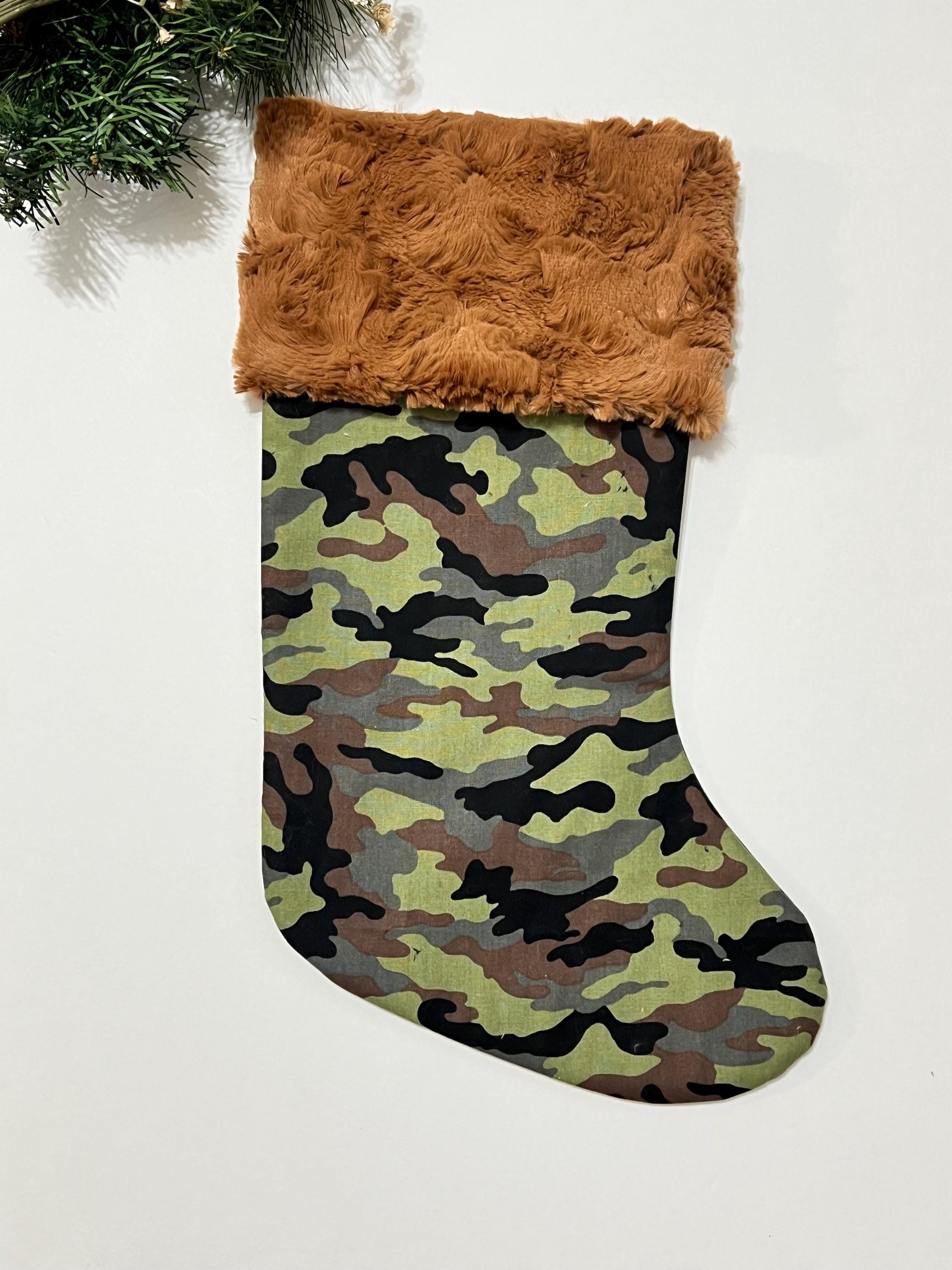 Personalized Christmas stocking in military olive green camouflage with minky dot cuff of color choice  18” fully lined