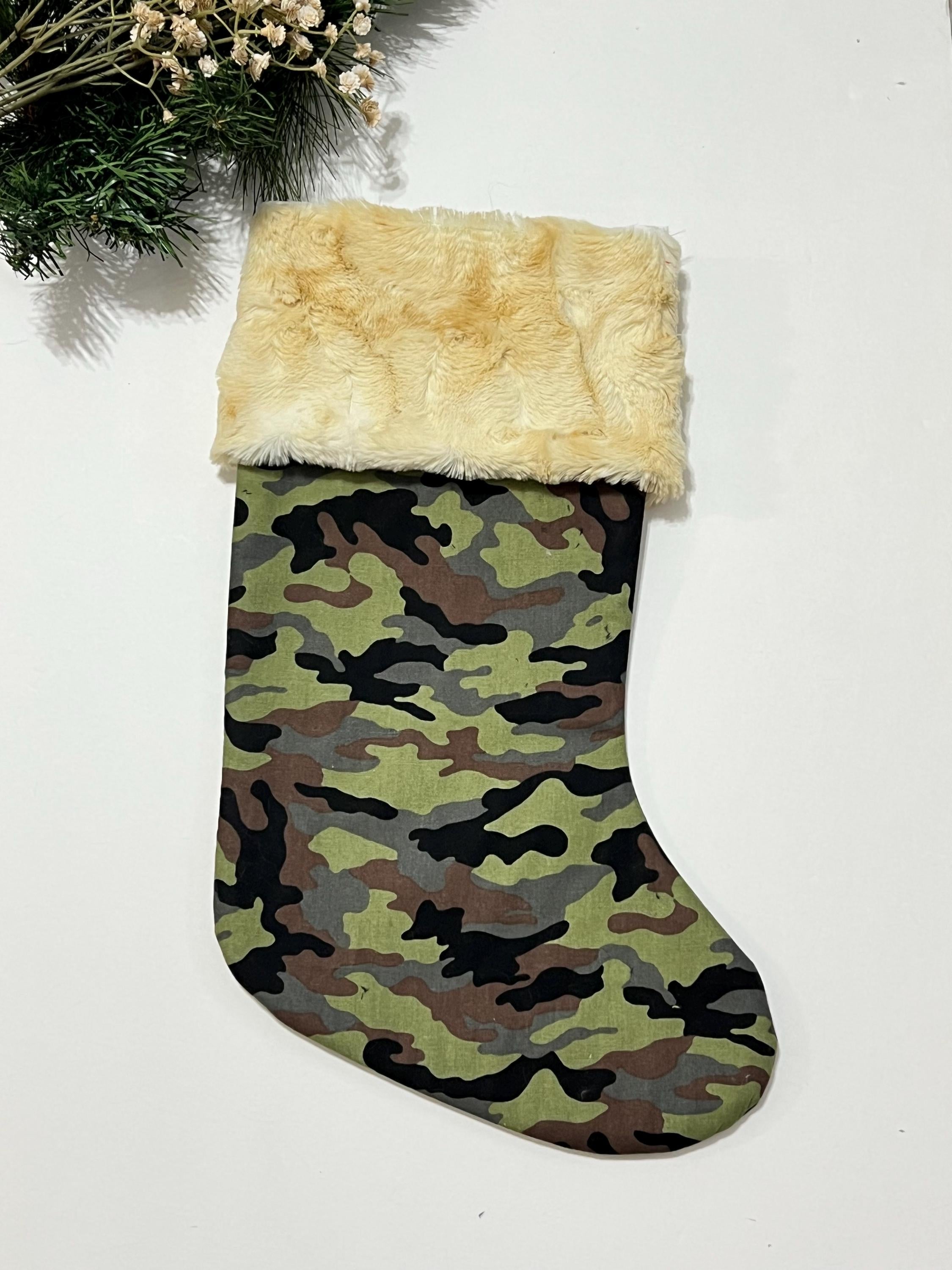 Personalized Christmas stocking in military olive green camouflage with minky dot cuff of color choice  18” fully lined