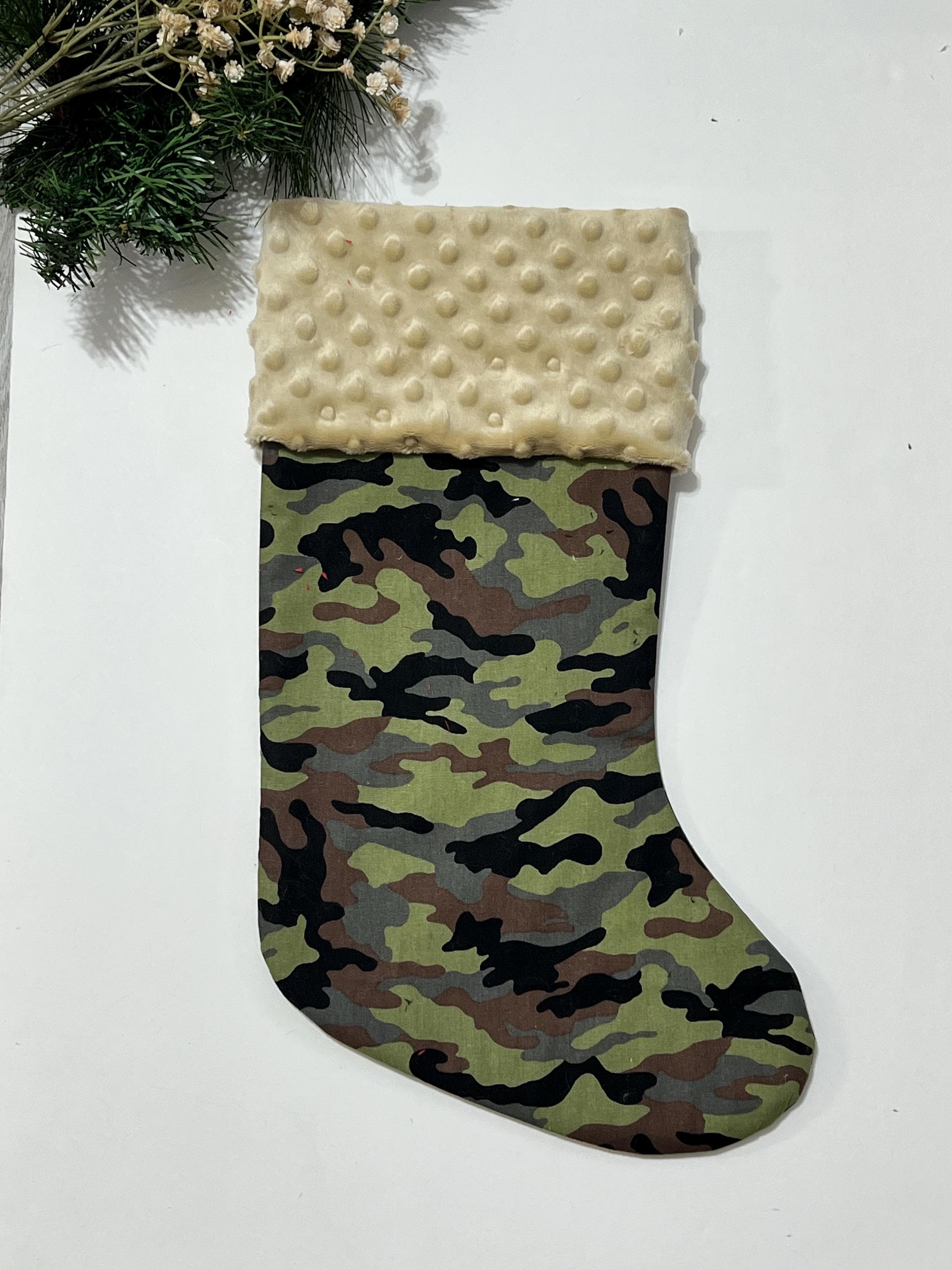Personalized Christmas stocking in military olive green camouflage with minky dot cuff of color choice  18” fully lined