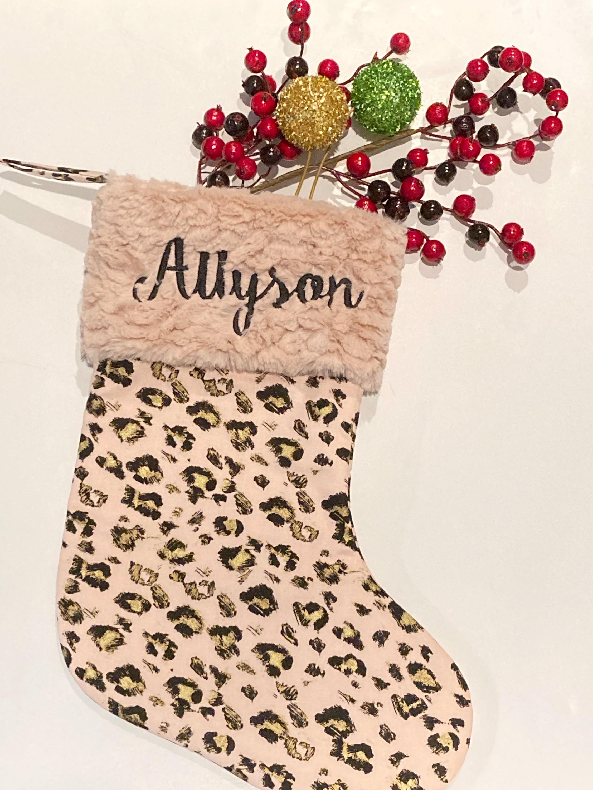 Personalized Animal print Christmas stocking, leopard cheetah, zebra, minky cuff, fully lined 17”, choose print, exotic animal print
