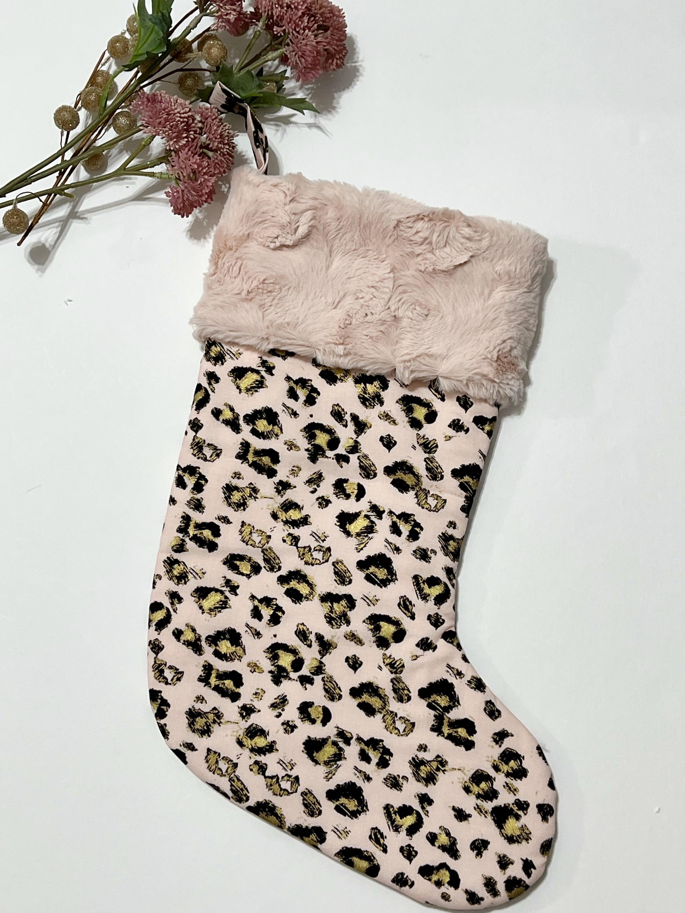 Personalized Animal print Christmas stocking, leopard cheetah, zebra, minky cuff, fully lined 17”, choose print, exotic animal print