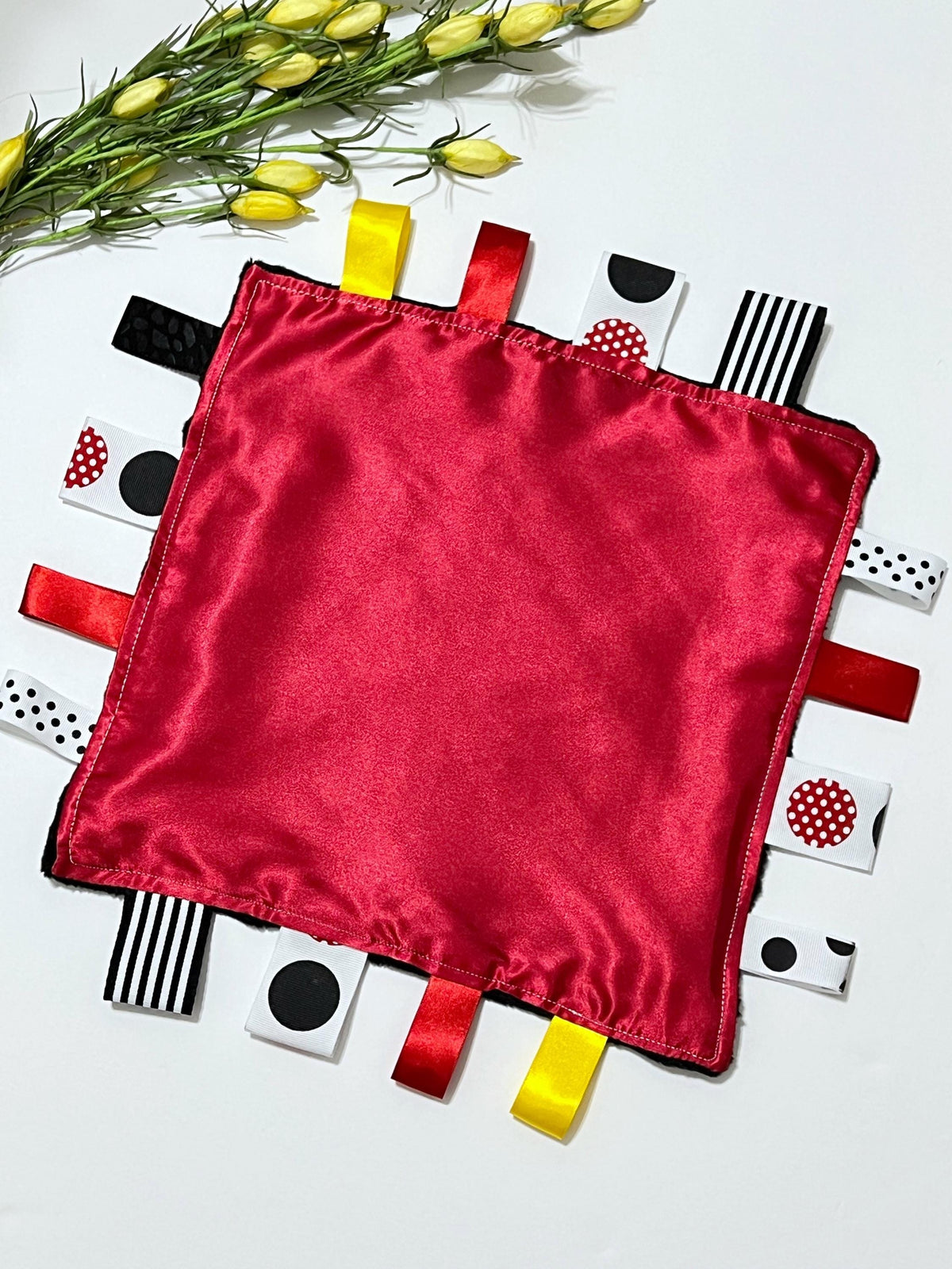 Satin and minky sensory lovey in everyone’s fav mouse theme colors of red black yellow white ribbon tags for all ages, personalized 12"