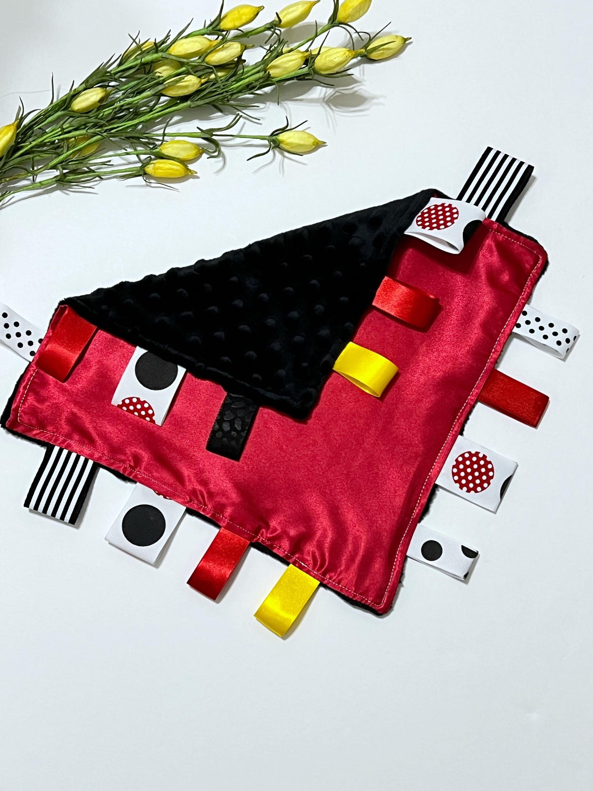 Satin and minky sensory lovey in everyone’s fav mouse theme colors of red black yellow white ribbon tags for all ages, personalized 12"