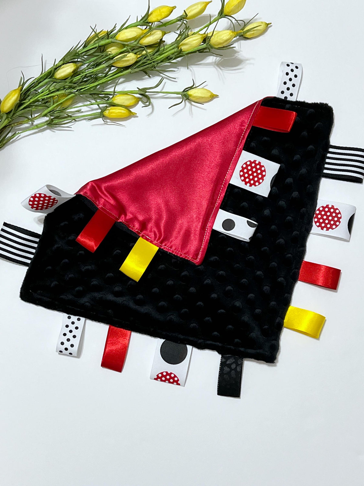 Satin and minky sensory lovey in everyone’s fav mouse theme colors of red black yellow white ribbon tags for all ages, personalized 12"