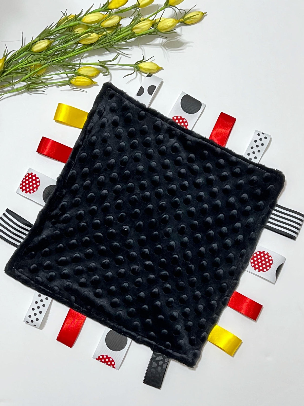 Satin and minky sensory lovey in everyone’s fav mouse theme colors of red black yellow white ribbon tags for all ages, personalized 12"