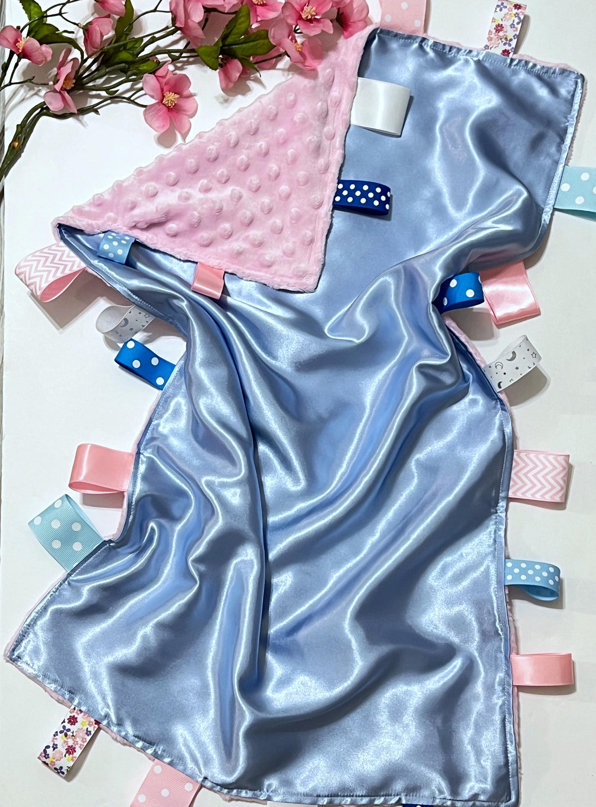 Large 20”x 28” satin and minky sensory baby blanket lovey with ribbon tags, or for any age boy or girl, personalize