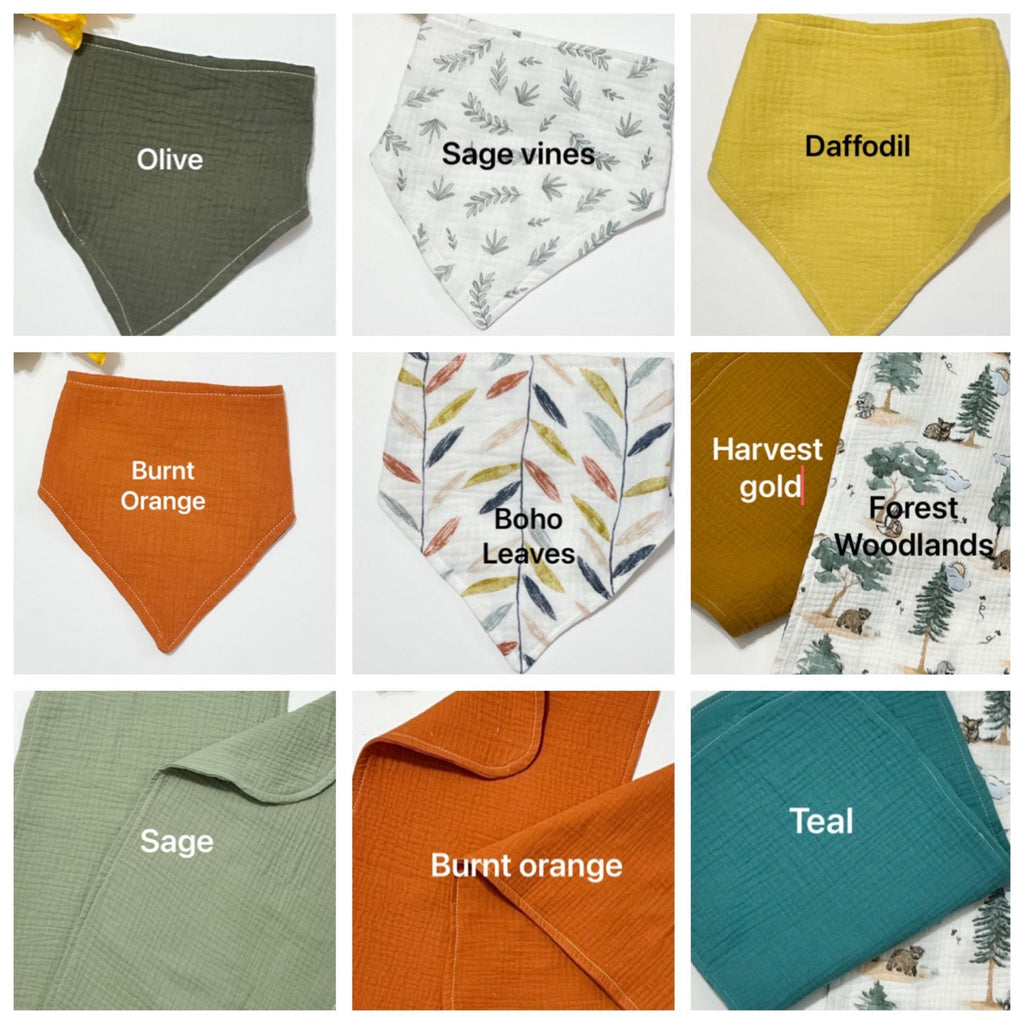 Baby bandana bibs set of 2 made from muslin cotton gauze, soft and absorbent baby gift with double snap adjustable size, choose colors