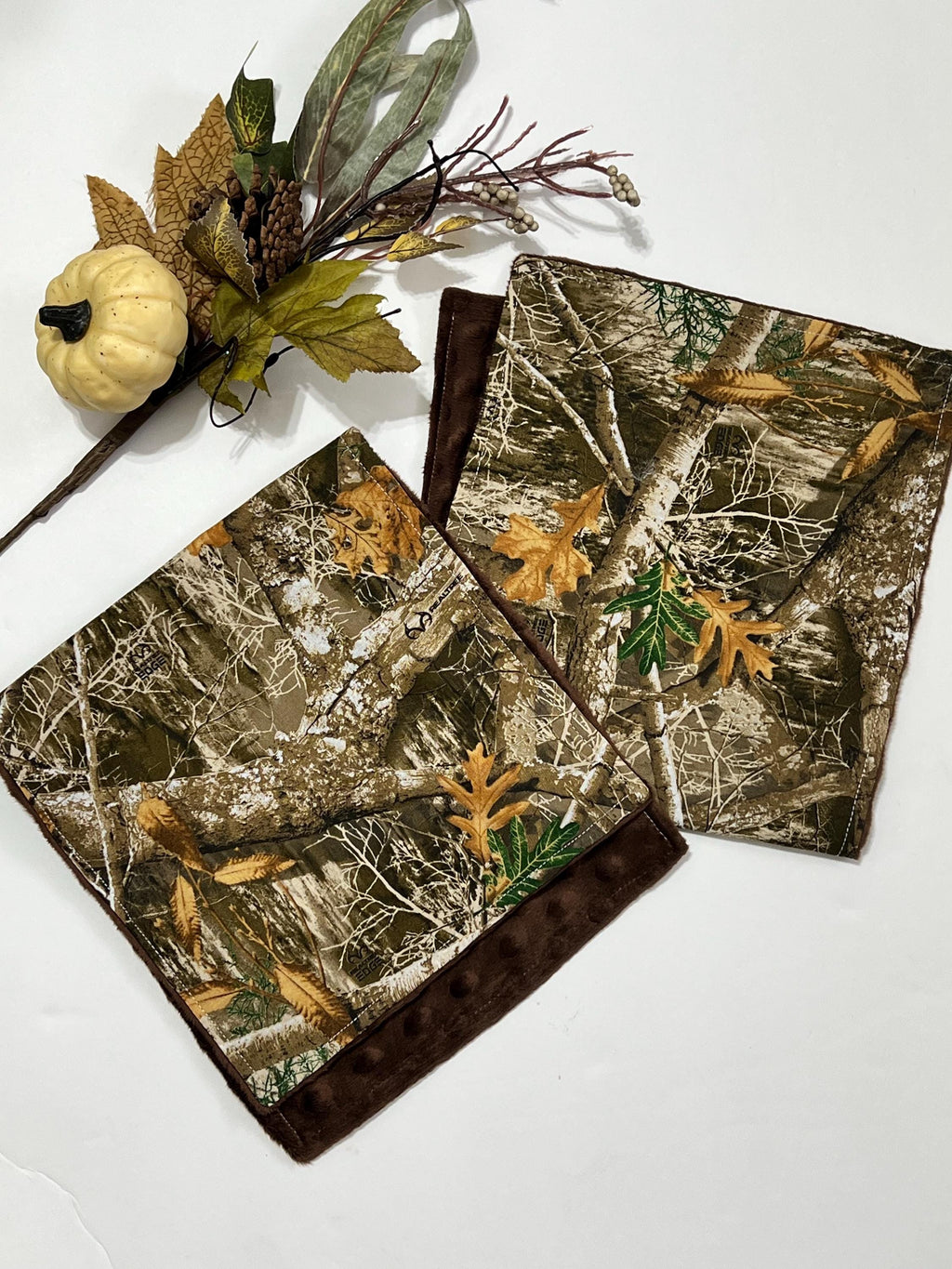 Camouflage hunting Baby toddler Bib & contour or rectangle burp cloth set made in brown camo cotton print and minky back, personalize option