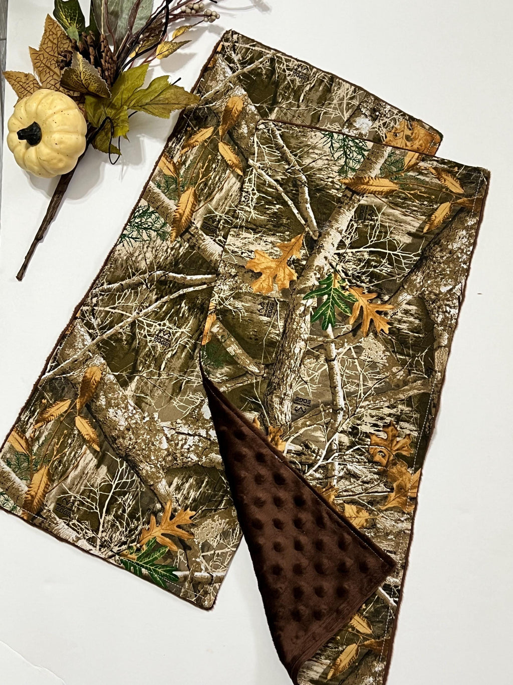 Camouflage hunting Baby toddler Bib & contour or rectangle burp cloth set made in brown camo cotton print and minky back, personalize option