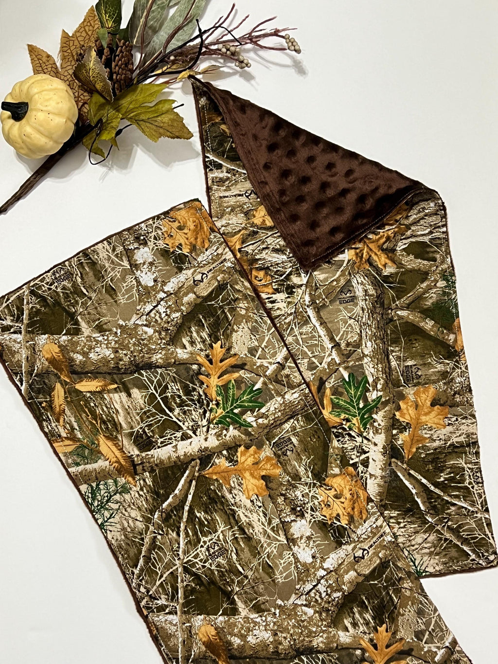 Camouflage hunting Baby toddler Bib & contour or rectangle burp cloth set made in brown camo cotton print and minky back, personalize option