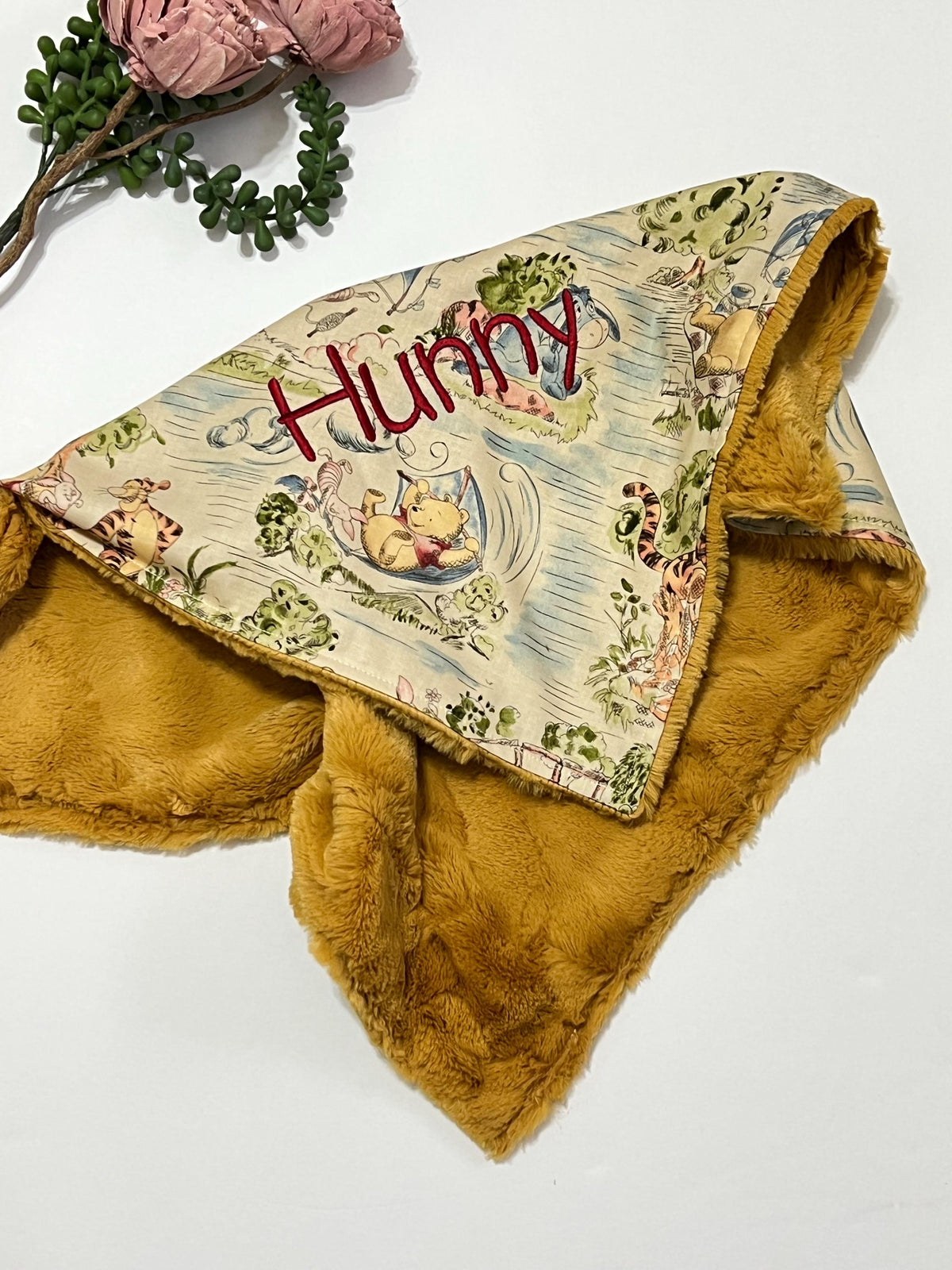 Personalized lovey 6” 12” or  18” size made from Winnie the Pooh cotton with soft minky back color choice, with or without tags